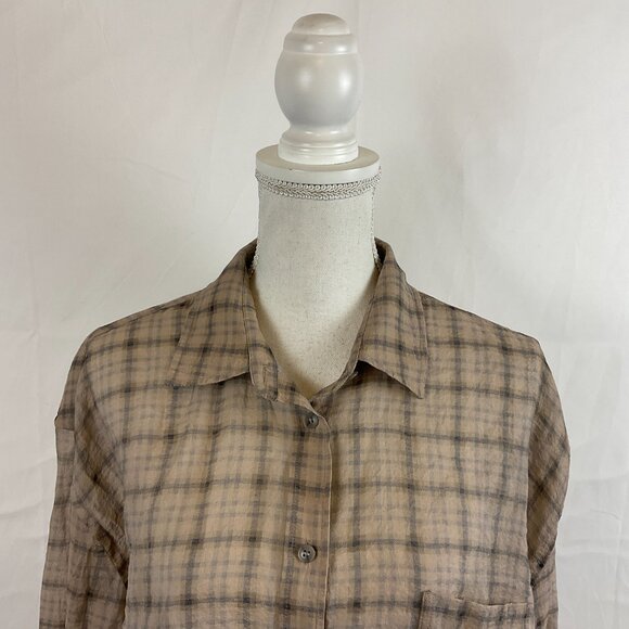 & Other Stories Blouse US 12 Beige Black Plaid Button Front Long Sleeve - Picture 2 of 12